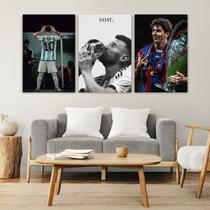 KIT 3 Quadros Decorativos MESSI G.O.A.T Foto ou Imagem - Decoração Quarto ou Sala