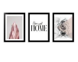 Kit 3 Quadros Decorativos Moldura Home Sweet Home Pena Rose