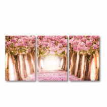 Kit 3 Quadros Decorativos Paisagem Flores Rosas Em Tecido