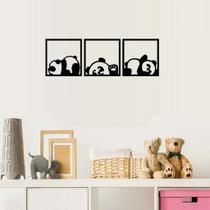 Kit 3 Quadros Decorativos Pandas Pandinhas Vazado Animal MDF Preto Quarto de Criança e Bebê 30x30