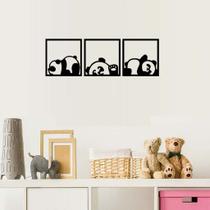Kit 3 Quadros Decorativos Pandas Pandinhas Vazado Animal MDF Preto Quarto de Criança e Bebê