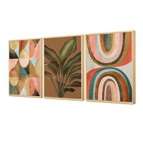 Kit 3 Quadros Decorativos para Cozinha Moldura Pinus 30x40cm Planta Geométrico Tons Marrom - Hugart - Hugart Decorações