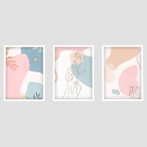 Kit 3 Quadros Decorativos Para Quarto Feminino Moldura e Vidro Minimalista Abstrato Rosa
