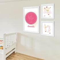 Kit 3 Quadros Decorativos para Quarto Infantil Bebê com Moldura Oração Anjo Nossa Senhora Jesus com Vidro