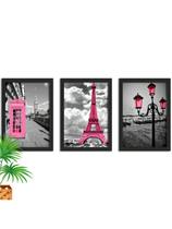 Kit 3 Quadros Decorativos Paris Torre Eiffel Tons de Rosa