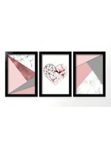 Kit 3 Quadros Decorativos Placas Sala Quarto Cozinha Decoração Casa Coração Geométrico Abstrato Rosa Kit 3 Quadros Decorativos Placas Sala Quarto Cozinha Decoração Casa Coração Geométrico Abstrato Rosa