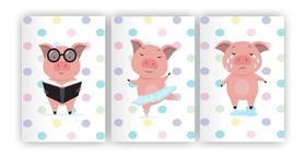 Kit 3 quadros decorativos porquinhos quarto de bebê mdf a4