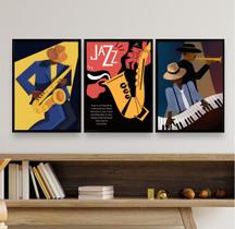 Kit 3 Quadros Decorativos Posters Cartazes Jazz 45x34cm - com vidro