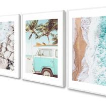 Kit 3 Quadros Decorativos Praia Mar Kombi Boho Azul 60x40 Vinil