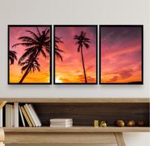 Kit 3 Quadros Decorativos Praia PorDoSol 33x24cm - com vidro