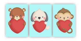 Kit 3 quadros decorativos quarto de bebê animais coração A4
