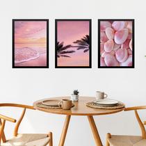Kit 3 Quadros Decorativos Rosados Praia 24x18cm - com vidro