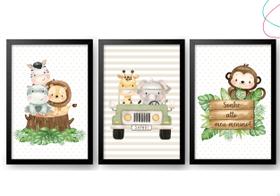 Kit 3 Quadros Decorativos - Safari Aquarela Bege