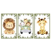 Kit 3 Quadros Decorativos Safari Aquarela Infantil Bebe Quarto Menino Placas Decorativas