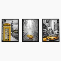 Kit 3 Quadros Decorativos Sala Cidades Amarelo Moldura Vidro Torre Eiffel Londres Nova York - Líder Molduras