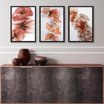 Kit 3 Quadros Decorativos Sala Flores Marrom Rosê 24x18cm