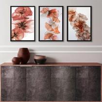 Kit 3 Quadros Decorativos Sala Flores Marrom Rosê 33x24cm - com vidro