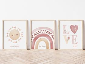 Kit 3 Quadros Decorativos Sol Arco Íris Love Boho Quarto Decoração