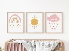 Kit 3 Quadros Decorativos Sol Arco Iris Nuvem Rosa Quarto Bebê Decoração Kit 3 Quadros Decorativos Sol Arco Iris Nuvem Rosa Quarto Bebê Decoração