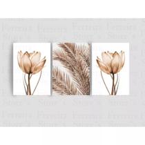 Kit 3 Quadros Decorativos Trio Minimalista Flor Marrom Sala Quarto Hall