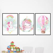 Kit 3 Quadros Decorativos Unicórnios - Aquarela - Balão 45x34cm Kit 3 Quadros Decorativos Unicórnios - Aquarela - Balão 45x34cm