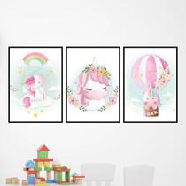 Kit 3 Quadros Decorativos Unicórnios Aquarela Balão Kit 3 Quadros Decorativos Unicórnios Aquarela Balão