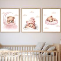 Kit 3 Quadros Decorativos Ursinha Rosa Quarto Menina Bebê Decoração