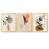 Kit 3 Quadros Decorativos Verde Folhagem Natureza Plantas Boho c/ Moldura Natural 30x40cm