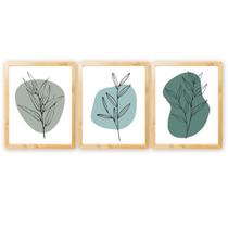 Kit 3 Quadros Decorativos Verde Folhagem Natureza Plantas Boho c/ Moldura Natural 30x40cm