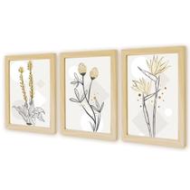 Kit 3 Quadros Decorativos Verde Folhagem Natureza Plantas Boho c/ Moldura Natural e vidro