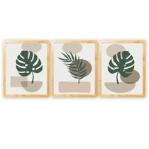 Kit 3 Quadros Decorativos Verde Folhagem Natureza Plantas Boho com Moldura Natural 30x40cm