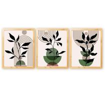 Kit 3 Quadros Decorativos Verde Folhagem Natureza Plantas Boho com Moldura Natural 40cm