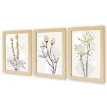 Kit 3 Quadros Decorativos Verde Folhagem Natureza Plantas Boho com Moldura Natural e vidro
