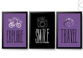 Kit 3 Quadros Decorativos - Viagem Explore Travel Smile Kit 3 Quadros Decorativos - Viagem Explore Travel Smile