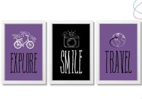 Kit 3 Quadros Decorativos - Viagem Explore Travel Smile