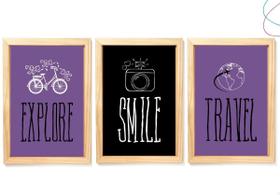 Kit 3 Quadros Decorativos - Viagem Explore Travel Smile