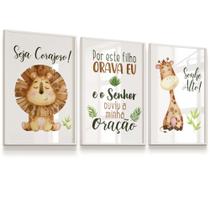 Kit 3 Quadros Decorativos VIDRO Infantil Por Este Filho Eu Orava Animais Frase 23X33cm Moldura Branca
