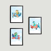 Kit 3 Quadros Dinossaurinhos Avião 33x24cm - com vidro Kit 3 Quadros Dinossaurinhos Avião 33x24cm - com vidro