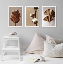 Kit 3 Quadros Elegantes Sala Quarto Flores Marrom 33x24cm