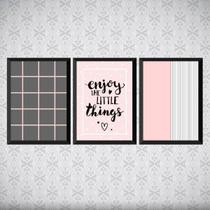 Kit 3 Quadros Enjoy Rosa E Cinza 24x18cm