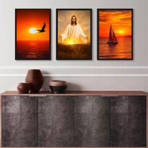 Kit 3 Quadros Evangélicos Jesus Por Do Sol 33x24cm - com vidro Kit 3 Quadros Evangélicos Jesus Por Do Sol 33x24cm - com vidro