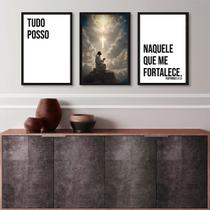 Kit 3 Quadros Evangélicos Tudo Posso Naquele Que Me Fortalece 33x24cm - com vidro