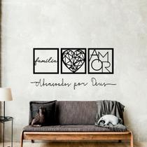 Kit 3 Quadros Familia Coração Geométrico Amor + Frase de Parede Abençoados por Deus Religioso MDF - MongArte Decor