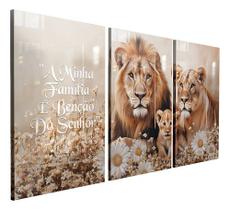 Kit 3 Quadros Familia Leão Versiculo Benção 122x60 Para Sala