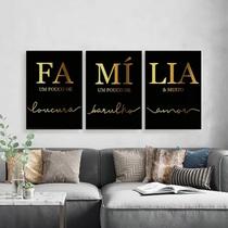 Kit 3 Quadros Família Preto Com Dourado 24x18cm - com vidro