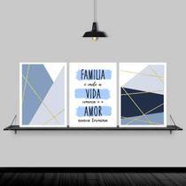 Kit 3 Quadros Família Vida Amor Azul 33x24cm - com vidro