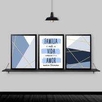Kit 3 Quadros Família Vida Amor Azul 45X34 C/Vidro - Branca Kit 3 Quadros Família Vida Amor Azul 45X34 C/Vidro - Branca