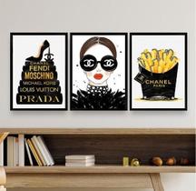 Kit 3 Quadros Fashion Marcas Famosas 33x24cm - Branco