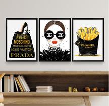 Kit 3 Quadros Fashion Marcas Famosas MulherLivros 33x24cm - com vidro