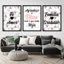 Kit 3 Quadros Fé, Amor, Família Triângulos 24x18cm - com vidro